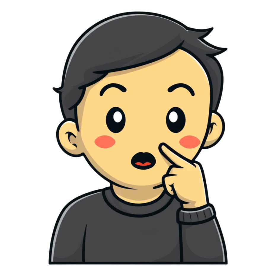 cartoon face making shush gesture with finger on lips, pointing at jaw, pressing cheekbones sticker