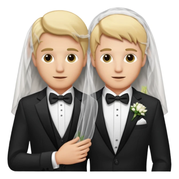 Two boys in tuxedos. One blond one brunette. One wearing wedding veil. Both men.  sticker
