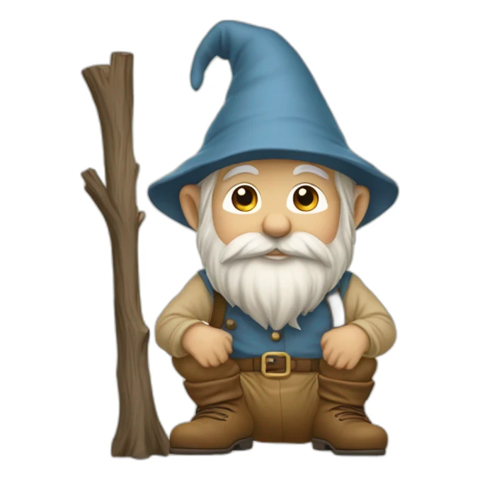 side view of gnome with light tan pants and light tan boots squatting in front of small brown log sticker