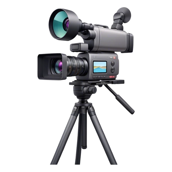 Create an emoji for video recording. Show a  single lens professional video camera with screen and image on it, on heavy tripod. Use modern, professional colors. Do not include any emojis or smiley faces. Make the background transparent. sticker