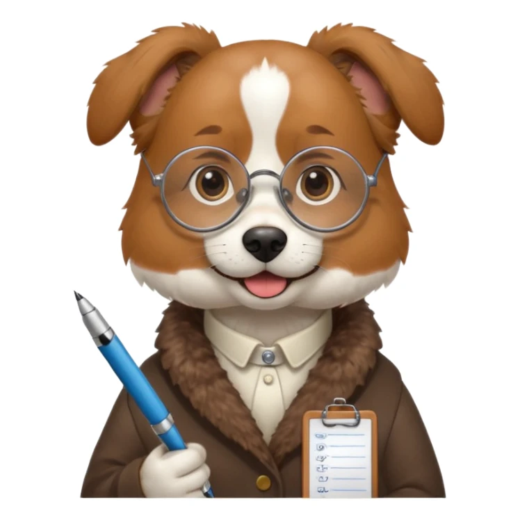 Friendly dog with clipboard and pen, wearing round spectacles.
 sticker