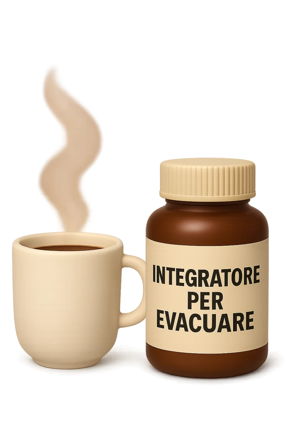 EMOJI STILE IPHONE 3D DI un caffè e di una boccetta di integratore con la scritta "INTEGRATORE PER EVACUARE" SULL'ETICHETTA, iperrealistico 4k sticker