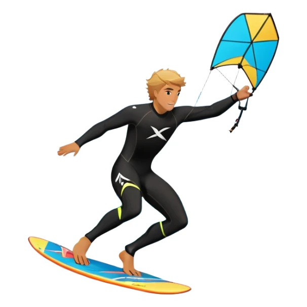 An athlete in a wetsuit riding a kiteboard, soaring over the waves with the kite high in the sky. The background features a vibrant blue sky and crashing ocean waves, capturing the thrill and freedom of kitesurfing in dynamic motion. sticker