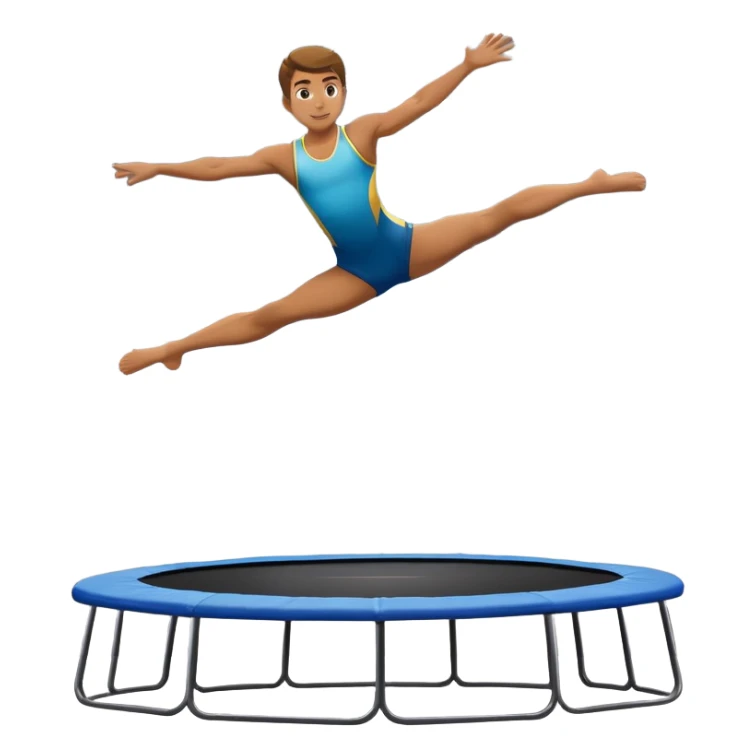An athletic person soaring high above a trampoline, executing an acrobatic flip with perfect form. The scene captures motion and energy, with a dynamic pose, stretched limbs, and a focused expression. The background suggests a professional trampoline arena with safety padding. sticker