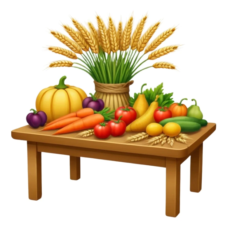 Table with harvested crops like wheat, vegetables, and fruits sticker