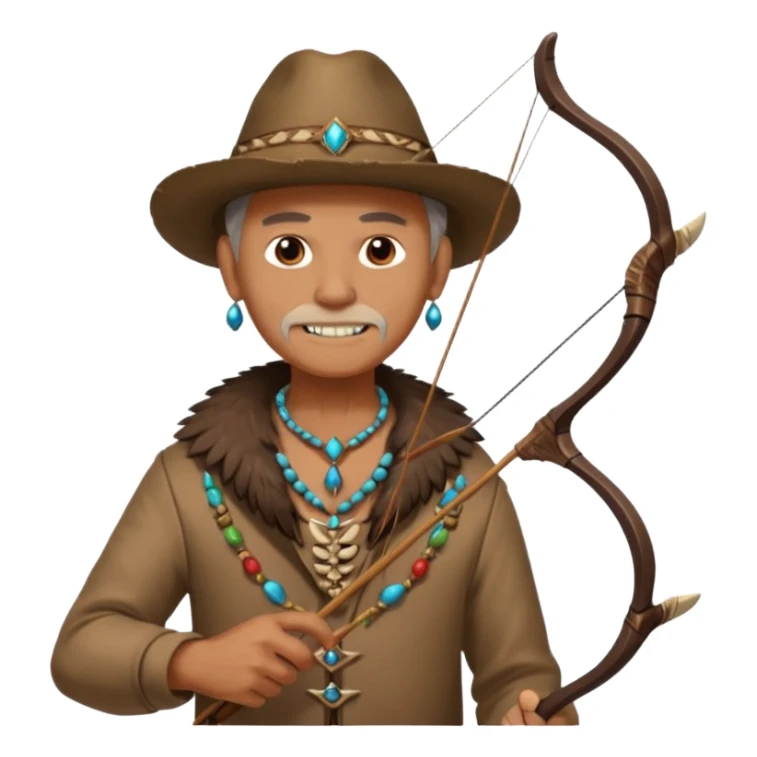 The classic image of a middle-aged uncle hunter carrying a bow, dressed in brown clothes, with some ornaments made of feathers, bones or teeth on his body. sticker