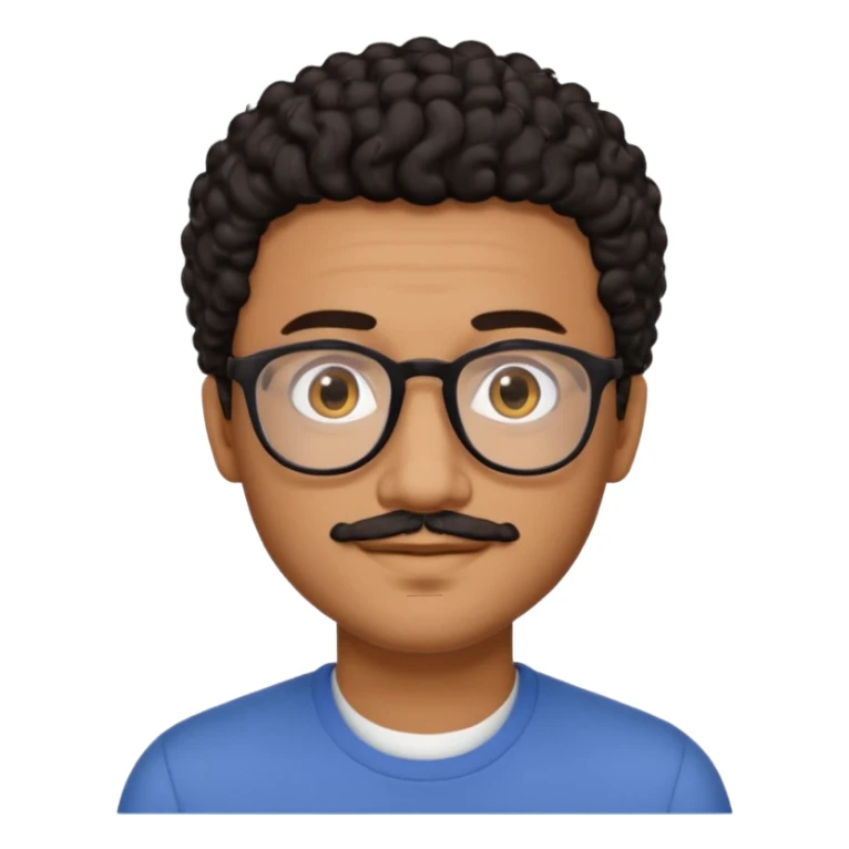 A friendly person with medium-brown skin, large warm brown eyes, thin rectangular glasses, a short mustache and small goatee, black short curly hair. Rounded face, calm slight smile. Head-and-shoulders emoji style, bold outlines, simple shapes, bright colors, transparent background. sticker
