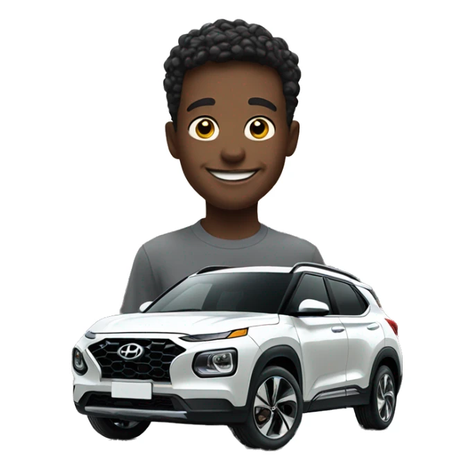 smiling boy with red Hyundai venue directly behind him  sticker