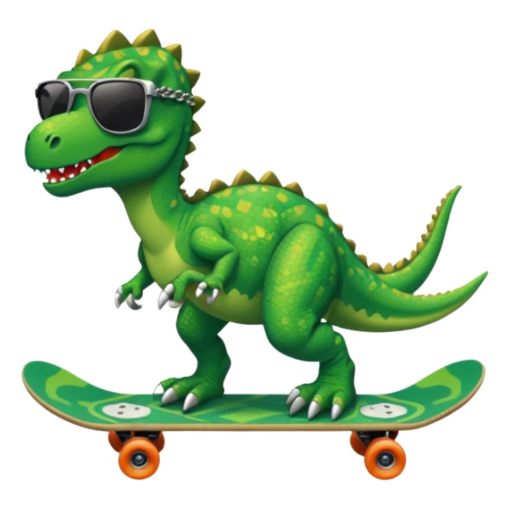 Green dinosaur on a skateboard with a chain and pixel sunglasses sticker