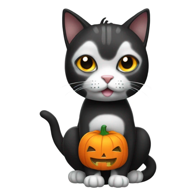 black and white cat wearing pumpkin costume sticker