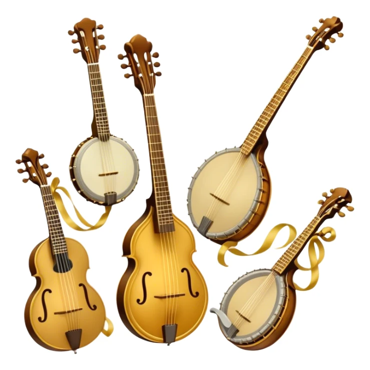 Create a grand, heraldic-style emoji collage representing plucked string instruments. The design should resemble a majestic emblem, featuring a collection of iconic instruments such as a banjo, mandolin, domra, sitar, and other plucked string instruments. Arrange the instruments symmetrically, with their necks and strings intertwining gracefully like a coat of arms. A flowing ribbon of musical notes should elegantly weave through the instruments, creating a sense of harmony and movement. The emblem should have a luxurious, golden and bronze color palette with intricate decorative elements, adding depth and a professional touch. Subtle lighting effects should highlight the polished wood and metal strings of the instruments. The background should be transparent, making the design adaptable for various uses sticker