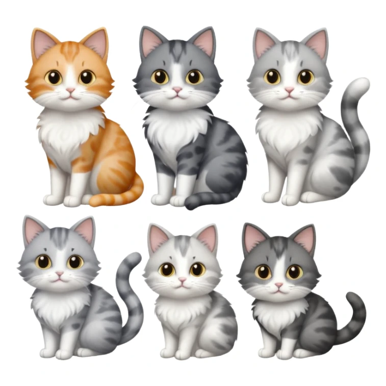6 realistic looking cats with different natural coloured coats, assorted grey and white, greys, calicos etc
 sticker