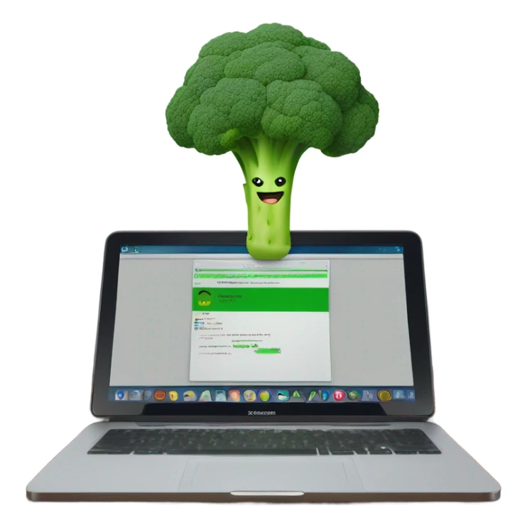 Generate a creative broccoli emoji sitting in front of a computer with a stylus, designing something on a screen. sticker