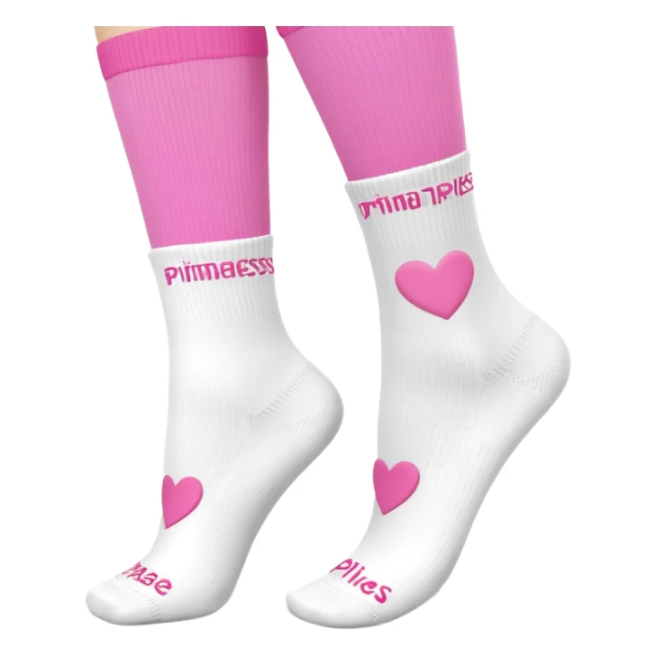 Pilates Grip sock - white crew sock with Pilates Princess in pink written under the cuff and a heart grip with brand Logo PIMABÉ  sticker