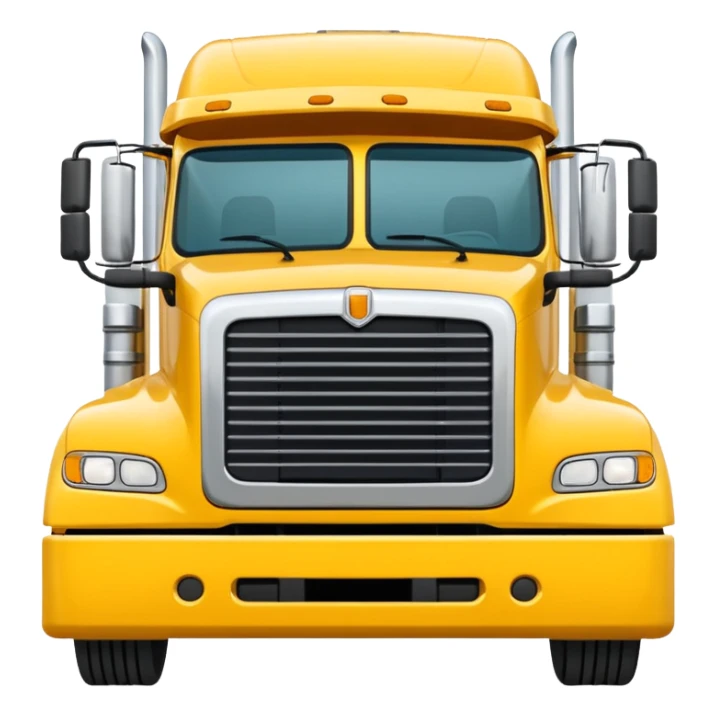 yellow sleeper semi truck with flat bed semi trailer, front view sticker