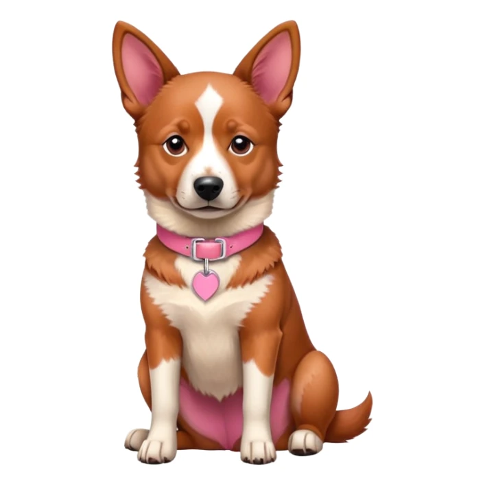 Australian red heeler dog sitting down facing forward, with a pink collar around neck sticker