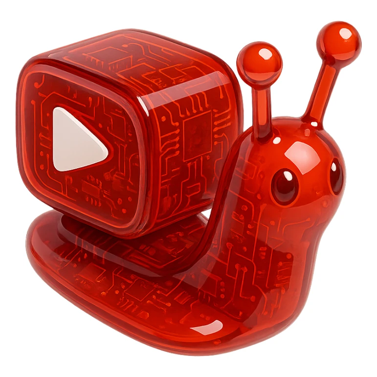 red robot snail with YouTube play button, glossy circuit style sticker