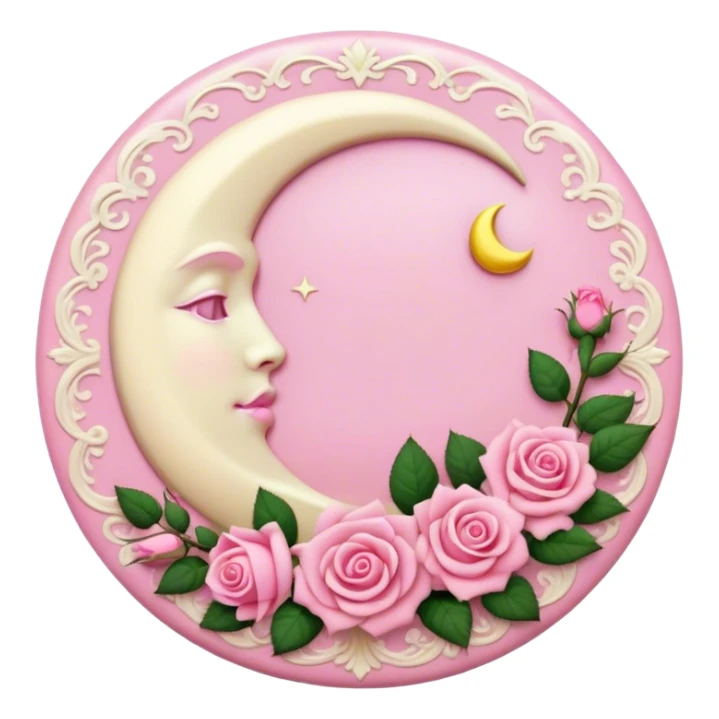 A round pink button with a cream colored crescent damask moon and pink roses in the center sticker