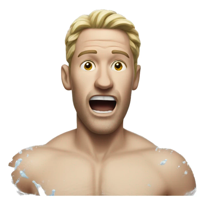 A white man runs with his mouth smeared with white water sticker