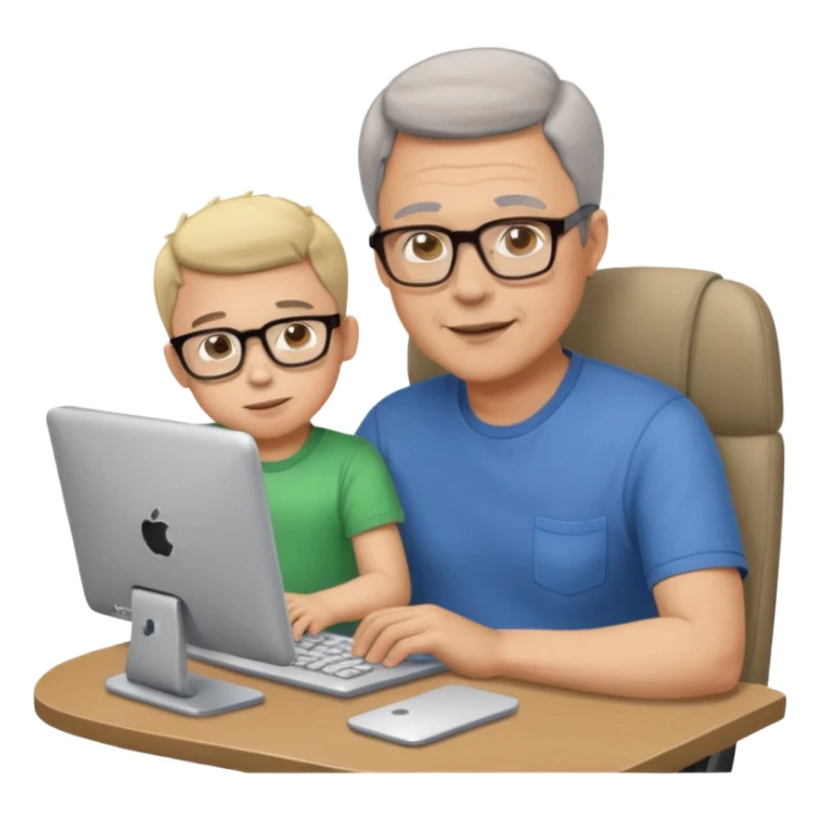 Middle aged man with glasses working at his desk, with his child sitting behind him on the headrest of his chair looking at his computer sticker