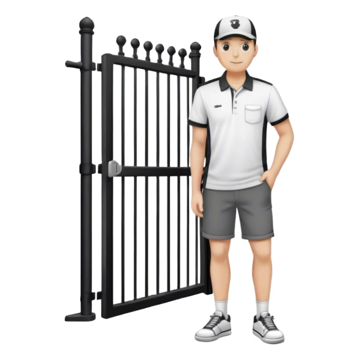Pool attendant standing by a gate, wearing a cap, polo shirt, shorts, and sneakers, in a simple black and white outline style sticker