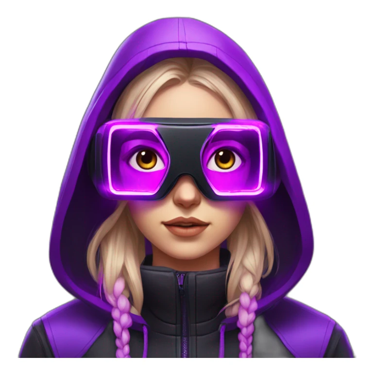 Russian student wearing black hoody with violet letters "OMG", in vr headset. Cyberpunk style. Violet neon. sticker