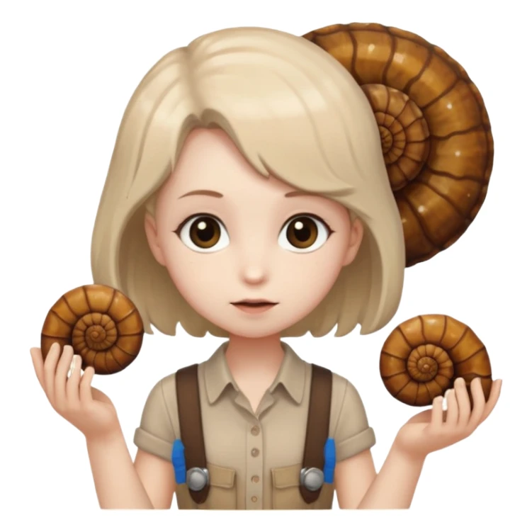 Shelly has a small, chibi-style body with a large ammonite-shaped head that looks like a beige fossil shell. One side of her head has a dark opening, making it clear she isn’t human. Her face is simple and soft, with big round eyes. She wears a brown suspender outfit over a lighter shirt sticker