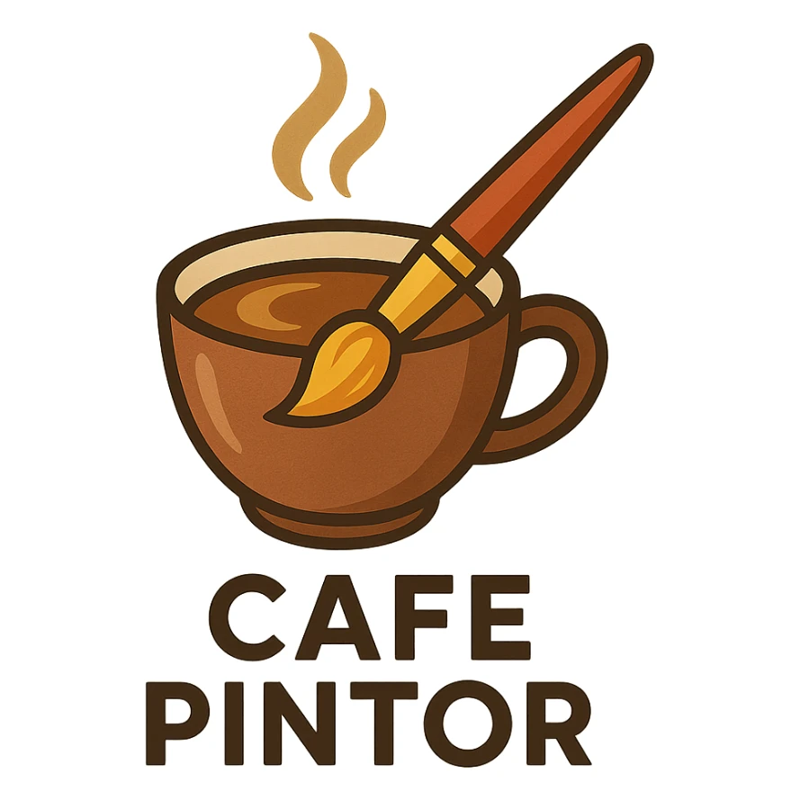 logo for 'CAFE PINTOR' featuring a coffee cup and a paintbrush, warm inviting colors, modern style sticker