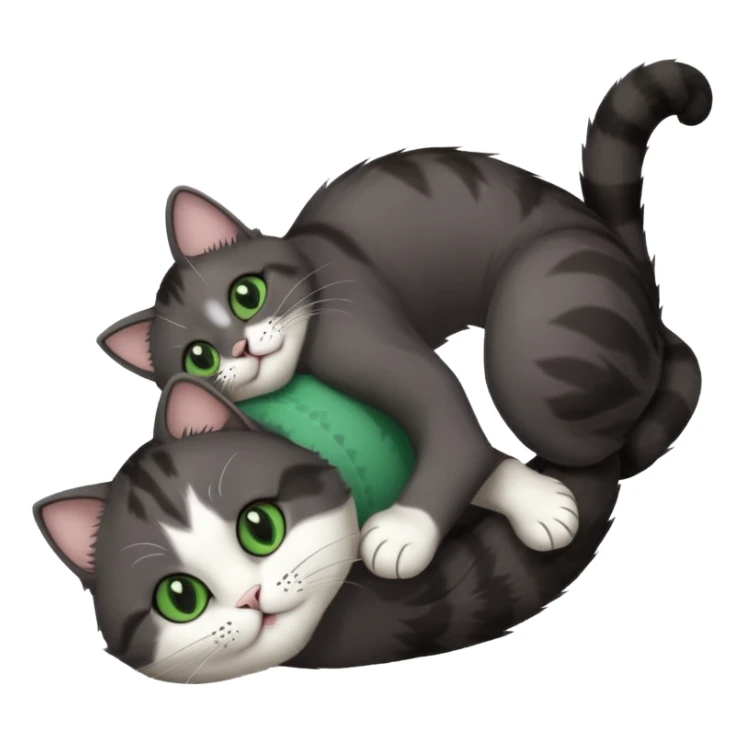 dark grey cat with green eyes, white toes/paws and white patch on her chest playfully rolling upside down sticker