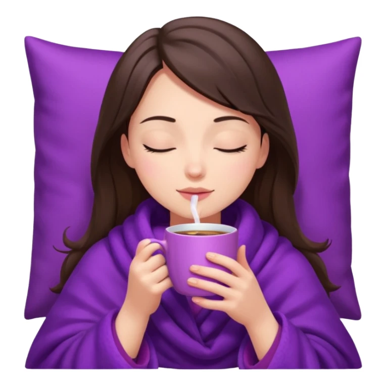 girl brunette inside a violet blanket sipping coffee from pink mug eyes closed sticker