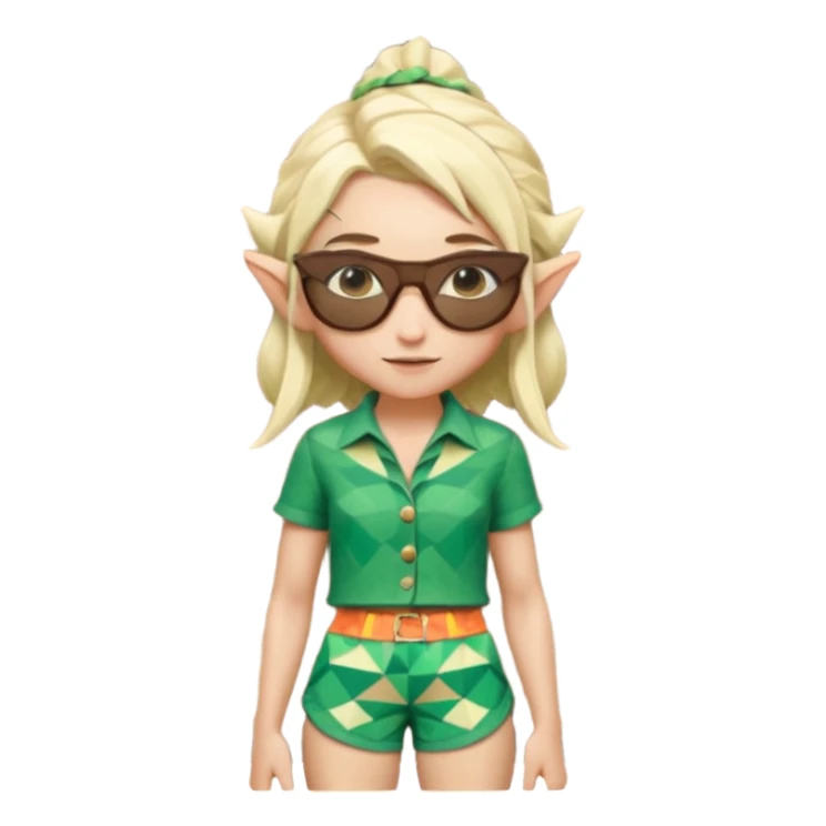 elf female legolas portrait, patterned board shorts (geometric/abstract), unique wooden-framed sunglasses, undercut hairstyle, slight smirk, visible pointy ears, no background, centered emoji, hipster summer vibe coctails sticker