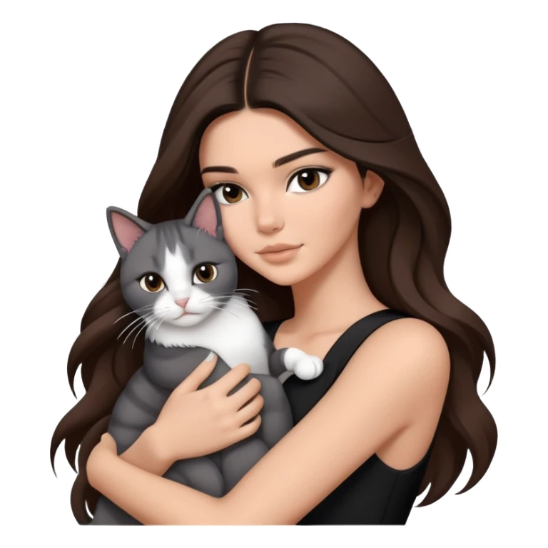 Kendall Jenner long hair with black dress hug one grey white cat sticker