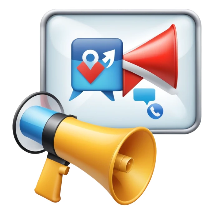 An icon featuring a megaphone, a billboard, and social media icons, symbolizing advertising and public relations. The design includes a press release and a rising graph, representing brand promotion and communication strategies. Transparent background highlights media influence and outreach. sticker