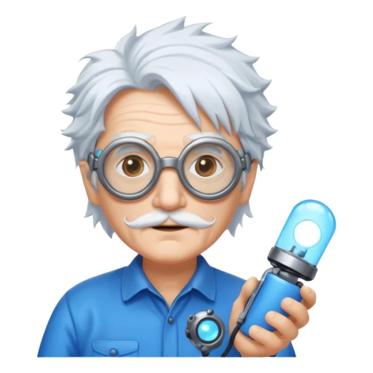 A quirky old inventor with wild white hair, goggles, and a glowing gadget in hand.
 sticker