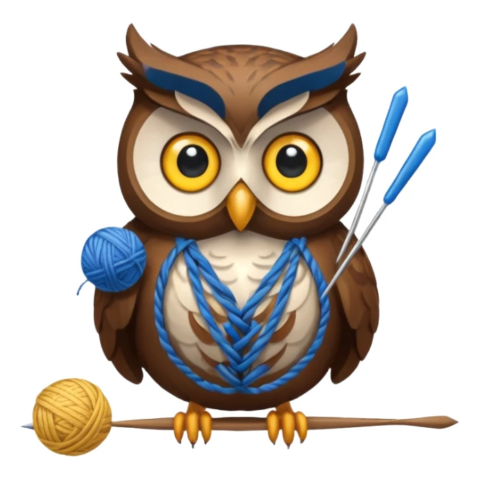 Owl holding blue yarn ball and knitting needles sticker