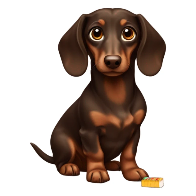 Dark Brown long haired dachs with light Brown eyes and Brown nose with a Choco bar sticker