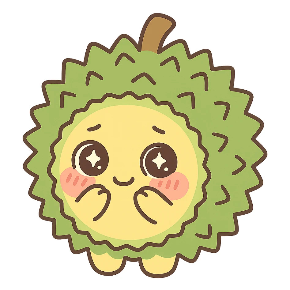 chibi-style round durian character with green spiky shell and yellow flesh, blushing and shy with sparkly eyes, pastel tones sticker