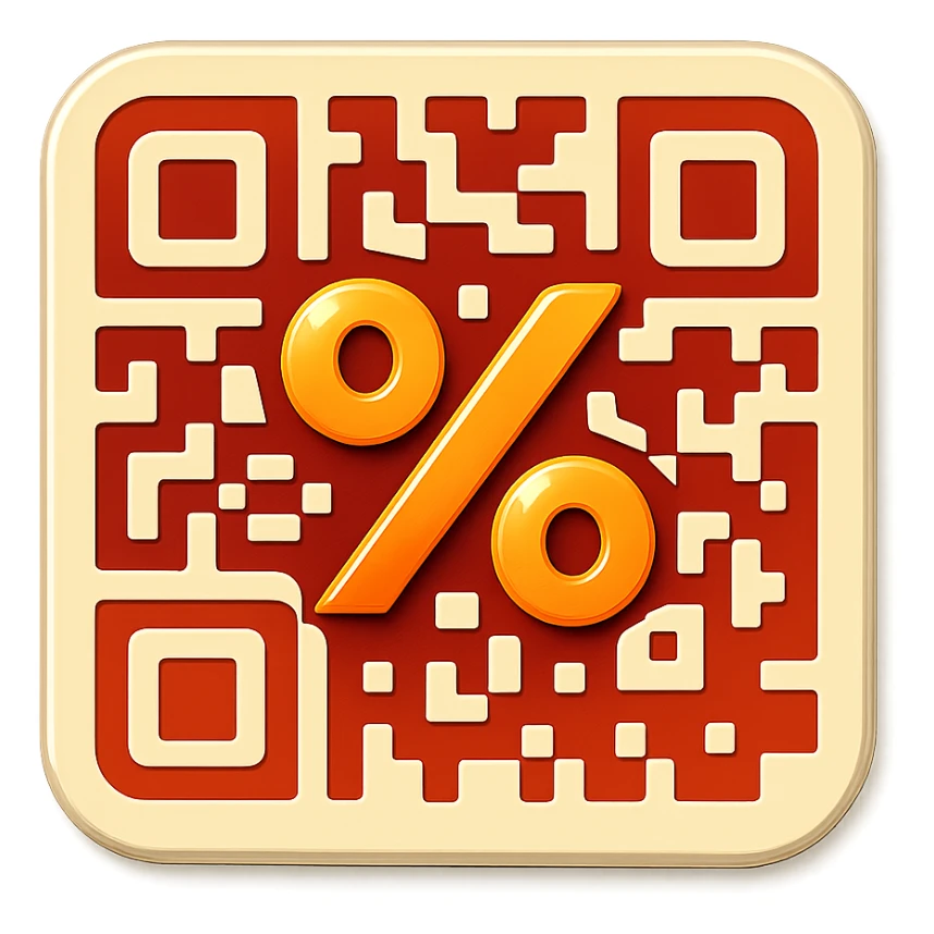 badge featuring a QR code that integrates a large percent sign (%) within it sticker