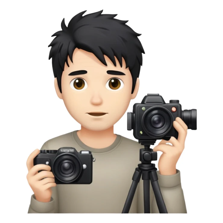 a man with black messy hair with one camera sticker