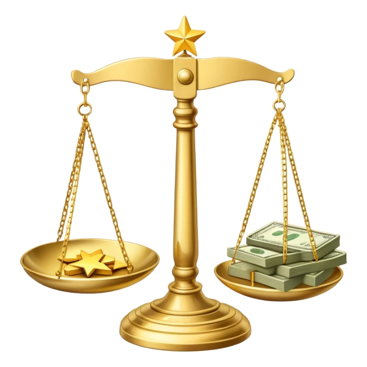 A shiny gold balance scale with dollar bills on the left side and three stars on the right side sticker