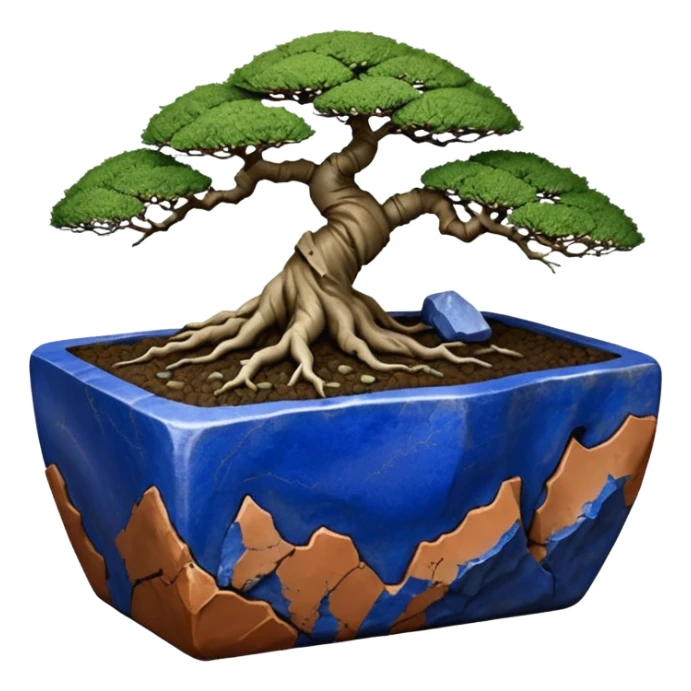 Aged two toned lapis blue terracotta Roots Stoneware akadama moss on soil irregular angular Stone Age rocks cracked crags and broken rough edges forming a very shallow Yixing bonsai pot sticker