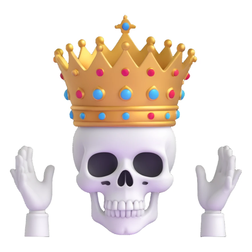 A shocked skull with a crown on top, both hands raised pressing on its head in disbelief, black and white sticker