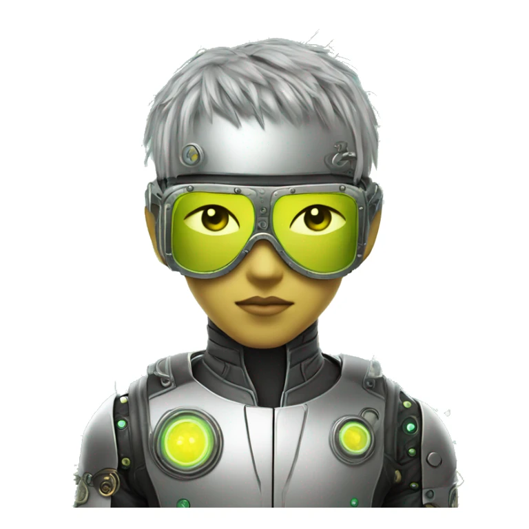 Neon yellow short hair Asian male cyborg head with silver steampunk goggles and circuits sticker