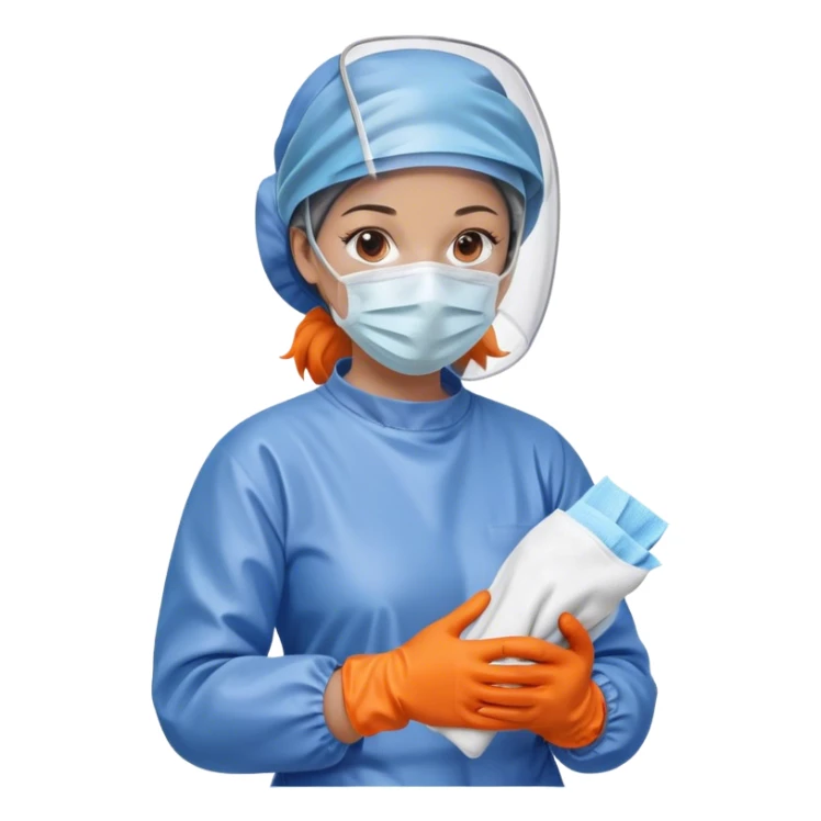 A meticulous cleanroom worker dressed in full protective gear, including a blue sterile suit, a face mask,  and orange gloves.  wipe  in her hand. sticker