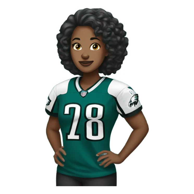 Black woman at eagles game with eagles jersey sticker