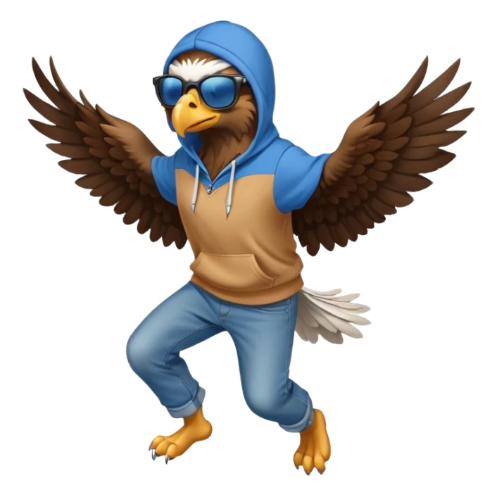 friendly anthropomorphised eagle with arms in a hoodie and jeans jumping and wearing sunglasses sticker