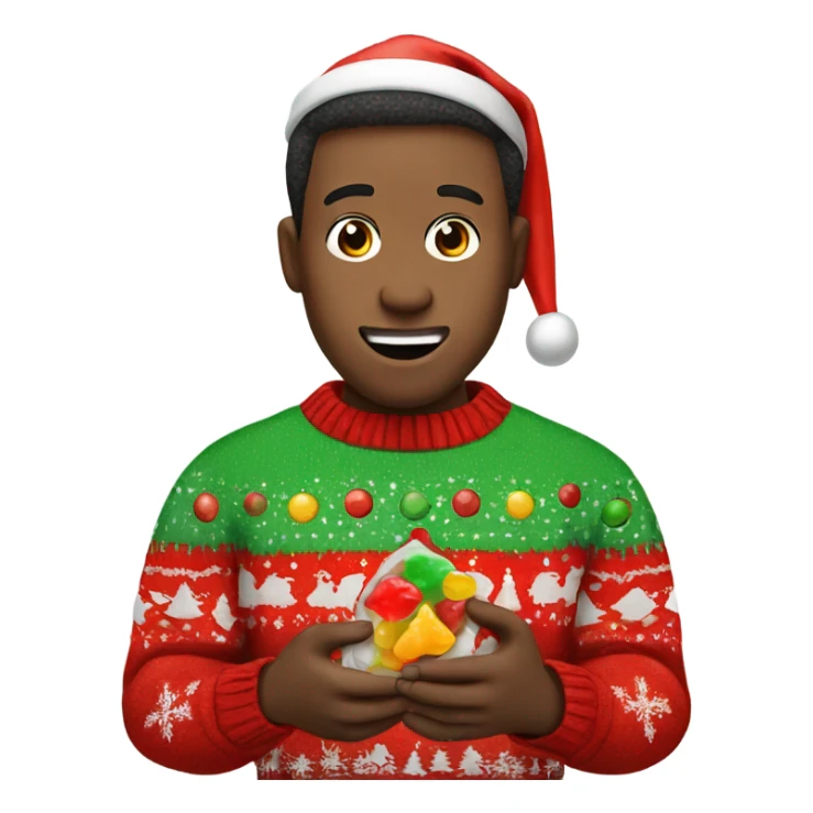 Guy in Christmas sweater eating a gummy sticker