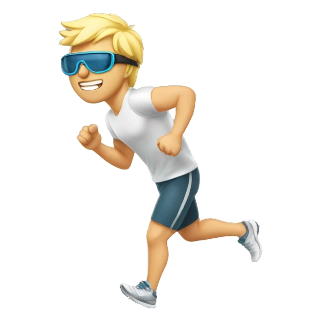 blonde guy wearing silver sports goggles running on a treadmill, athletic build sticker