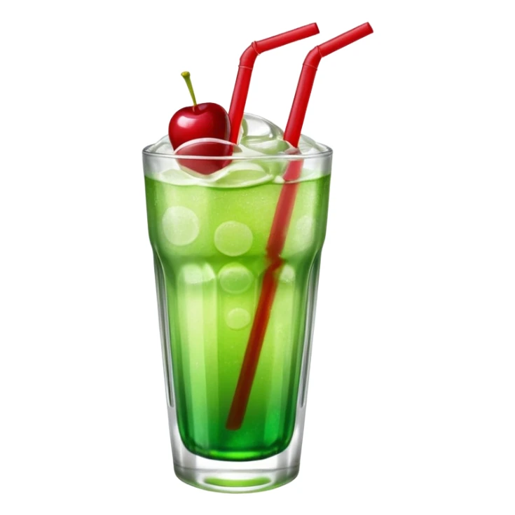 Create an emoji with a clear rounded glass, bright transparent green soda with fine bubbles, a smooth vanilla scoop on top, a glossy red cherry, and a red straw, using vibrant colors, soft shading, and clear glass highlights.
 sticker