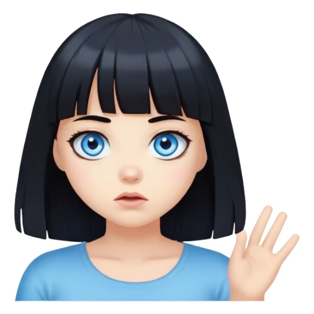 Girl with blue eyes and black hair with bangs shrugging sticker